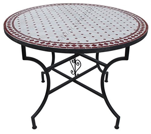 Saharashop Orientalischer Mosaiktisch Rund Ø 100 cm Bordeaux-Natur, Terrassentisch, Gartentisch, Mediterraner Fliesentisch, Beistelltisch-Handarbeit, Balkontisch Bistrotisch Kaffeetisch