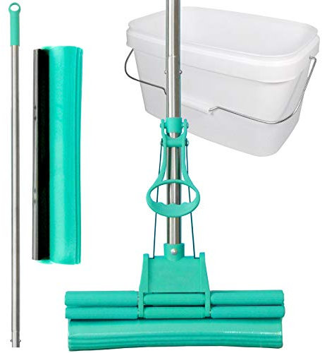 Green Mop 30-02 Lot de 2 serpillières Vert 30 cm + Manche + éponge de Rechange + Seau de 10 litres en Blanc – Double serpillère absorbante PVA