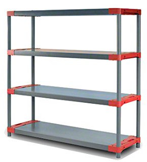 MODO24 Jupiter-4 Plastikregal, Kunststoffregal mit 4 Fachböden, freistehend, Wetterfest, Steckregal, Werkstattregal, Kellerregal, Lagerregal für Garage, Abmessungen 138x120x42 cm, Farbe: Grau-Rot