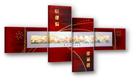 Visario Leinwandbild 4-teilig XXL 160x70 cm 6519 - Abstrakt in Dunkelrot mit Gold - Helles Band und goldene Akzente - Wandbild-Set fertig aufgespannt auf Holzrahmen