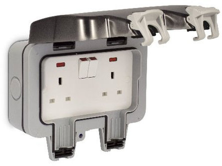 BG Electrical 13A, BS Fixing, Active, 2 Gang RCD Socket, Polycarbonate, Surface Mount, Switched, IP66, 230V ac, Grey,