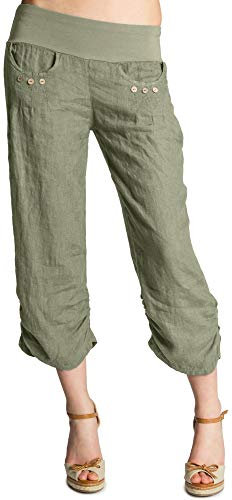 Caspar KHS017 Damen 3/4 Leinen Hose, Farbe:Oliv grün, Größe:L - DE40 UK12 IT44 ES42 US10