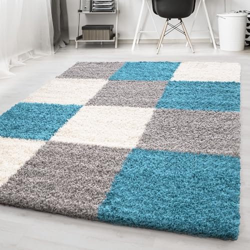 Carpetsale24 Hochflor Teppich Shaggy kariert 80x250 cm Blau, flauschig & weich, modernes Karo Design, rechteckig, ideal für Lange Flure oder Küche, stilvoll & schmal geschnitten