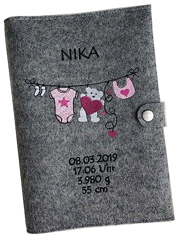 Goldi-Design U-Heft Hülle Wäscheleine Mädchen personalisiert mit Namen und Geburtsdatum des Kindes mit extra Fächer und Lasche mit Druckknopf