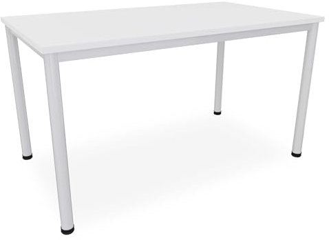Dila GmbH Schreibtisch Verschiedene Größen und Farben, Konferenztisch graues Metallgestell, Stabiler Besprechungstisch Arbeitstisch, Bürotisch hauseigene Fertigung (B: 140 cm x T: 80 cm, Weiß)