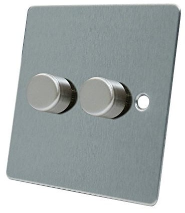 AET FSC2GDIMLED Satin Chrome Flat 250W-10 Amp Double 2 Gang 2 Way 250W LED Light Dimmer Switch, 250 W, 240 V
