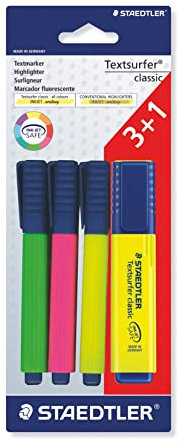 STAEDTLER Textmarker Textsurfer classic, hohe Qualität, mit großem Tintenspeicher für extra lange Markierleistung, Promotion 3+1 GRATIS, Blisterkarte mit 4 Textmarkern, 364 A BK4D