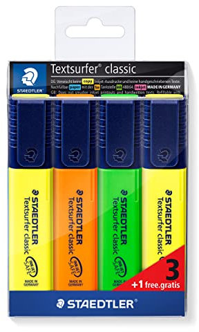 Staedtler Textsurfer Classic 364-S WP4P - Estuche promocional con 3 marcadores fluorescentes en colores surtidos + 1 marcador fluorescente amarillo, Multicolor
