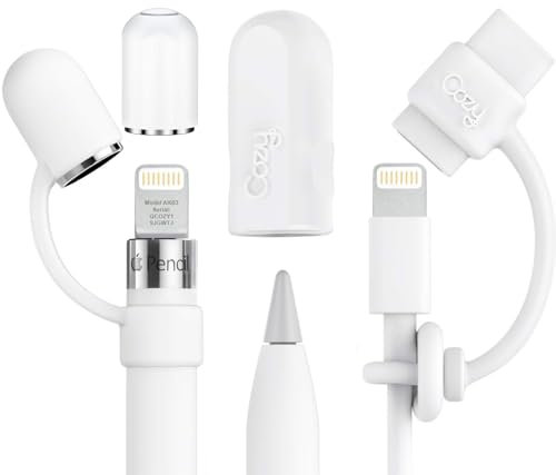 Cozy [4-Piece] PencilCozy Combo Pack Original Apple Pencil Accessories (Cap Holder/Keeper/Tether) Compatible Apple iPad Pro iPencil Charger/Nib | Case Friendly Design (White-Combo)