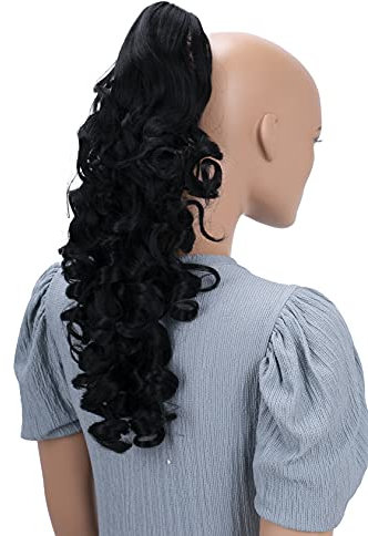 CAISHA 50cm Haarzopf Sarah Haarteil mit Butterflyklammer Pferdeschwanz Haarverlängerung Voluminös Gewellt Schwarz HV1