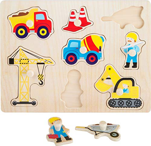 Small Foot 10445 Setzpuzzle aus Holz mit acht bunten Puzzleteilen in Form von Baustellen Motiven Spielzeug