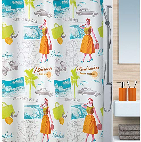Spirella Anti-Schimmel Duschvorhang Fifties Anti-Bakteriell, Waschbar, Wasserdicht Polyester 180x200cm Bunt Weiß