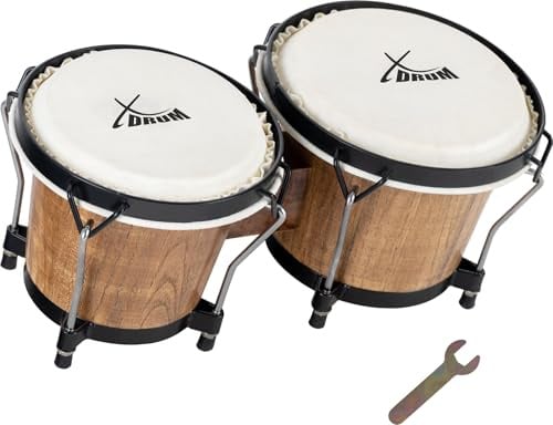 XDrum Bongos Club - 2 Trommeln mit 6 und 7 - Bongotrommeln mit stimmbaren Naturfellen und Stimmschlüssel - Holztrommeln Tobacco