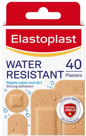 Elastoplast Water Resistant Plasters (40 Pieces), Dirt and Water Resistant Strip Plasters, Waterproof Plasters, Strong Adhesion, All-Purpose First Aid Plasters, Various Sized Plasters, Tan