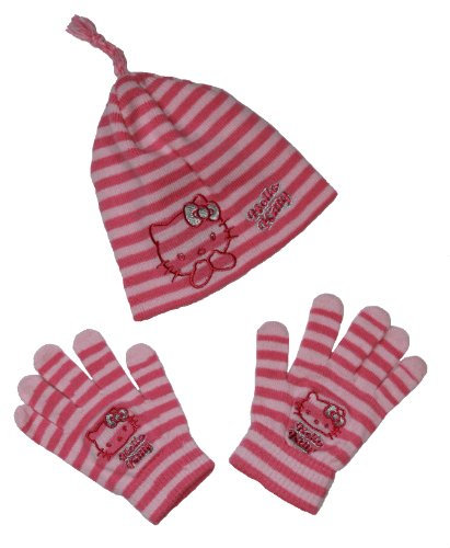 Hello Kitty 2tlg. Set Mütze Handschuhe rosa Streifen Gr. 53