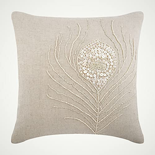 The HomeCentric Entwerfer Naturfarben Euro Schein Abdeckungen, 65x65 cm Euro Shams, Pfauenfeder Mother of Pearls Euro Shams, Baumwolle Leinen Euro Shams, Blumen - Pearly Peacock Feather