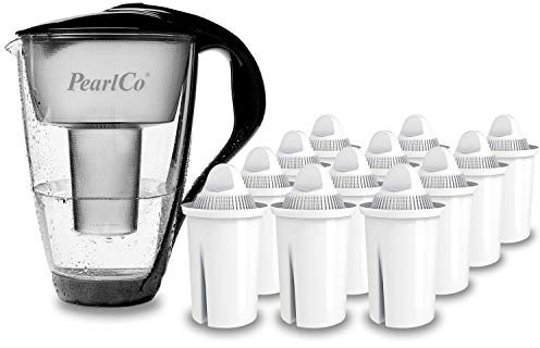 PearlCo - Carafe avec filtre à eau en verre - noir - 12 cartouches Universal classic incluse - Made in EU
