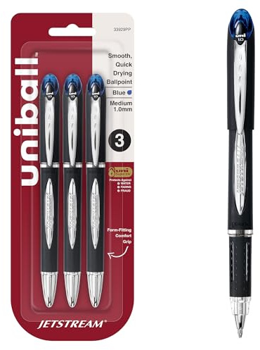 uniball Jetstream Ballpoint Pens, Medium Point (1.0mm), Blue, 3 Pack