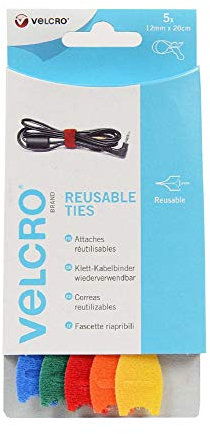 VELCRO Brand VEL60250 Velcro Adjustable Ties (5), Multi-Colour, 12mm x 20cm-5Pk, Set of 5 Pieces