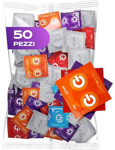 ON) Kondome Mix I 50 Stück Packung I Premium Kondome 7 verschiedene Sorten & Größen mit 54 mm Breite I 10x extra dünn, natur & genoppt I 5x extra stark, mit Erdbeer, Banane, Schoko Duft
