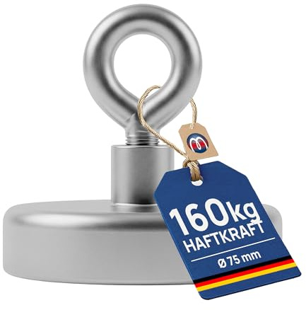 Ösenmagnet Neodym Magnet mit Öse Extra Stark 160 kg Ösenmagnete Ø 75 mm Magnethalterung Rund Magnethaken Magnete mit Haken für Küche Büro Werkstatt Magnetfischen Magnetangeln Camping Garage - 1 Stück