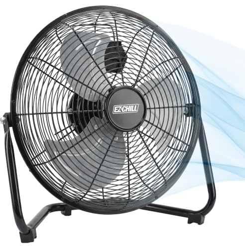 EZ-CHILL 12” Cradle Floor Fan, 3 Speed, High Velocity, 180 Degree Adjustable Tilt, All-Metal, Carry Handle, Rubber Feet, Airflow 15.42 ft/sec, Ideal for Home, Bedroom & Office, Black