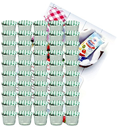 MamboCat 50er Set Sturzglas 230 ml Marmeladenglas Einmachglas Einweckglas to 82 grün Karierter Deckel incl. Diamant-Zucker Gelierzauber Rezeptheft