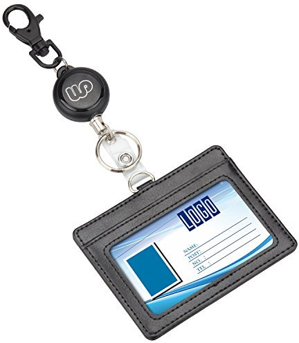 Wisdompro® - Enrouleur rétractable, porte-badge double face en cuir synthétique ultra-résistant et porte-clé Horizontal Noir