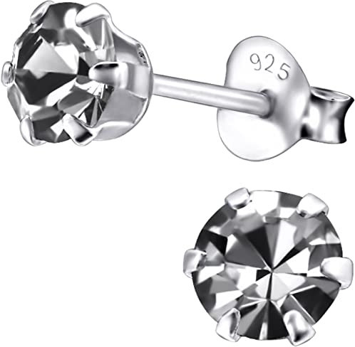 EYS JEWELRY Damen Ohrstecker 925 Sterling Silber – 5 mm runde Zirkonia Kristalle in Diamantgrau – Klassische Silber Ohrringe für Frauen