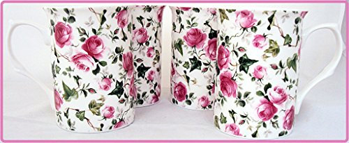 fromeuropewithlove Ivy Rose Mugs Set of 4 Fine Bone China Pink Roses Flowers Mugs Hand Decorated in the UK Free UK Delivery
