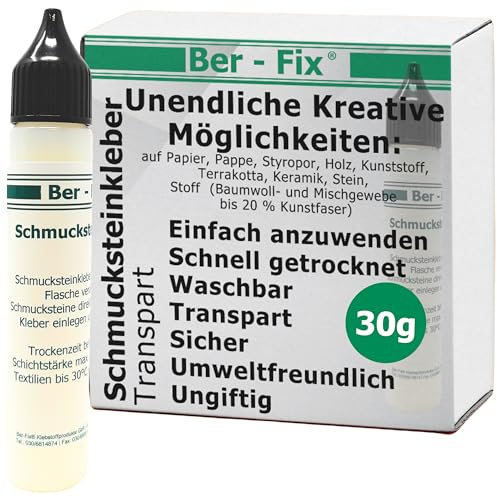Ber-Fix Schmucksteinkleber 30g Multimaterial-Adhäsiv für Schmuckreparatur & Dekoration auf Papier, Pappe, Holz, Styropor, Kunststoff, Terrakotta, Keramik, Steinen & Textilien