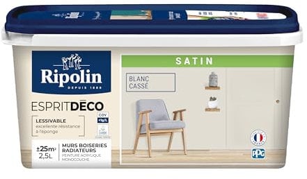 RIPOLIN - Peinture Intérieure Multi-Supports – Murs, Boiseries & Radiateurs – Ultra-Couvrante – Lessivable – Application Facile – Ecolabel - Satin - 2,5L - Blanc Cassé