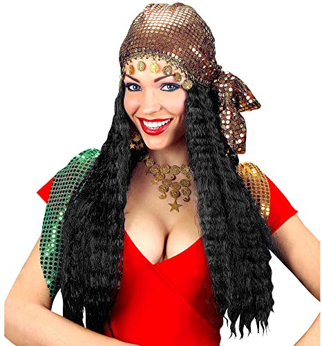 W WIDMANN MILANO Party Fashion G0874 - Perücke Wahrsagerin mit Paillettenkopftuch, Kunsthaar, Langhaarperücke