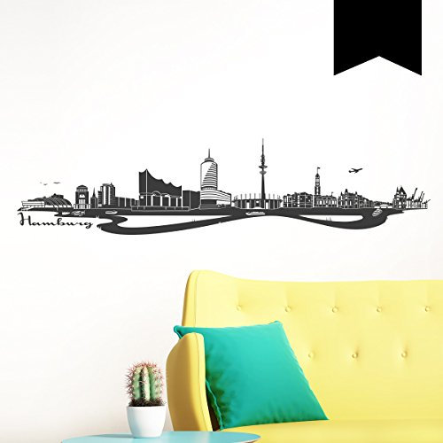 Wandkings Wandtattoo Skyline Hamburg (mit Sehenswürdigkeiten und Wahrzeichen der Stadt) 120 x 28 cm schwarz - erhältlich in 33 Farben