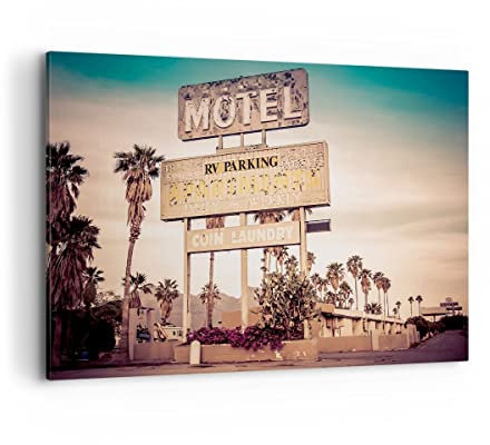 Bilder auf Leinwand 100x70cm Leinwandbild Amerika Motel Straße Zeichen Groß Wanddeko Bild Schlafzimmer Küche Deko Wandbilder Dekoration Wohnzimmer Wall Decor Canvas Wand Kunstdruck Art AA100x70-2509