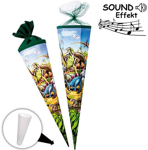 mit Sound Effekt ! - Schultüte - Dinosaurier Dinozeit - 70 cm - rund - mit Tüllabschluß - mit/ohne Kunststoff Spitze - Zuckertüte - Nestler - für Jungen..