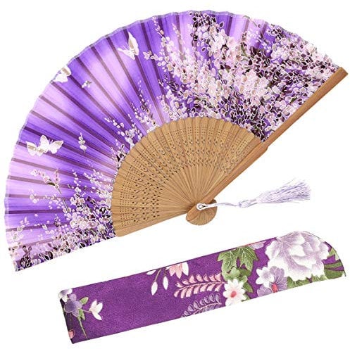OMyTea Sakura Chinese/Japanese Women Hand Held Silk Folding Fans with Bamboo Frame - With a Fabric Sleeve for Protection (WZS-7)