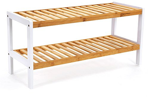 SONGMICS Schuhregal aus Bambus, Schuhablage mit 2 Ebenen, Schuh-Organizer, Regal für Schuhe, Pflanzen, Bücher, Wohnzimmer, Flur, Schlafzimmer, Badezimmer, 26 x 70 x 33 cm, weiß-naturfarben LBS02H