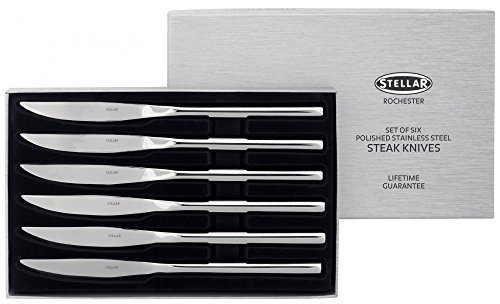 Stellar Rochester Set of 6 Stainless Steel Steak Knives in Gift Box, Dishwasher Safe