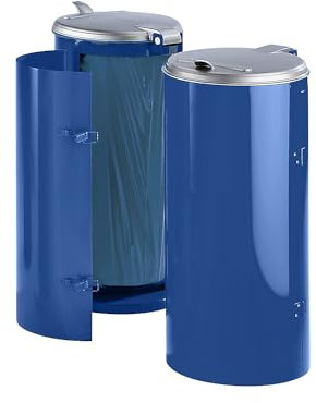 VAR | Stahlblech-Abfallsammler | für Volumen 120 l | mit Einflügeltür | blau mit silberfarbenem Kunststoffdeckel