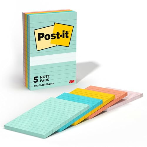 Post-it Notes, 4x6 in, 5 Pads, America's 1 Favorite Sticky Notes, Beachside Café Collection, Pastel Colors, Recyclable (660-5PK-AST)