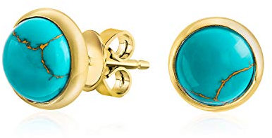 Einfache blaue komprimierte blaue türkisfarbene Lünette runde Kuppelknopf-Ohrstecker für Frauen 14K vergoldet .925 Sterlingsilber