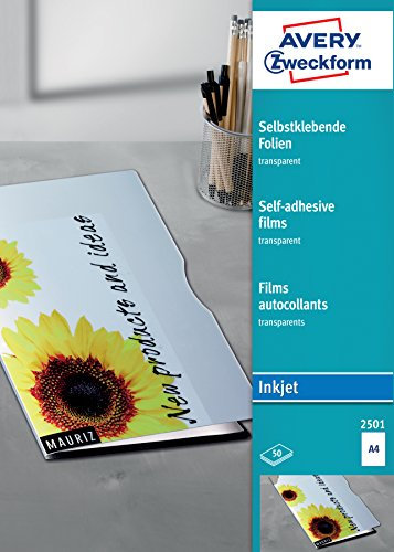 AVERY Zweckform 2501 Transparente Folien für Inkjetdrucker (50 selbstklebende Folien mit hoher Farbbrillanz, A4, spezialbeschichtet, stapelverarbeitbar, fotorealistisch, Folienstärke 0,17mm)