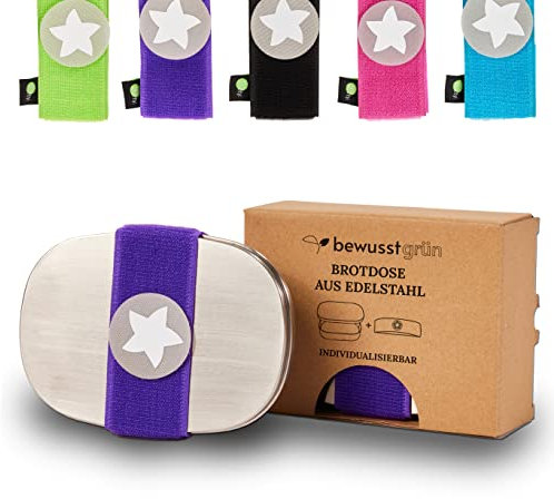 BewusstGrün Edelstahl-Brotdose für Kinder mit Fächern I Original DottyBox®-System mit Klettband in Lila I Personalisierte Brotdose für Kindergarten und Schule