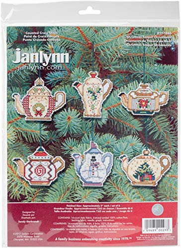 Janlynn Christmas Teapot Ornaments Counted Cross Stitch Kit, Cotton, Multi-Colour, 8 x 10 x 0.2 cm