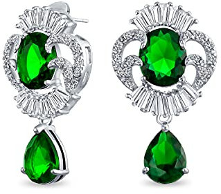 Art Deco Style Verte Cz Teardrop Crown Baguette Simuléeted Emerald Pendre Prom Statement Earrings Argent Plated Brass