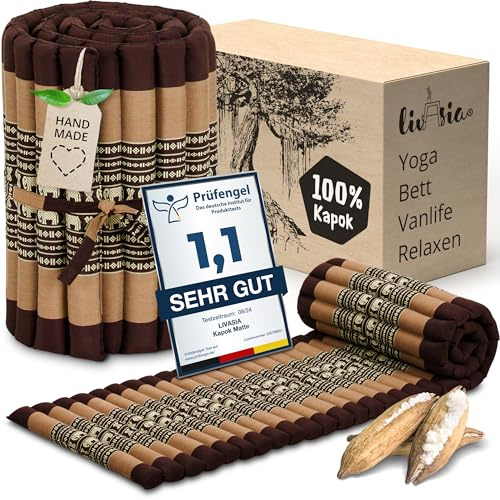 livasia Rollmatte Rollmatratze L-200x110x4,5cm, Gästebett Gästematratze 1 Person, Reisebett Kofferraum Outdoor, Thaimatte Kapok, Garten Balkon handgefertigt rubinrot