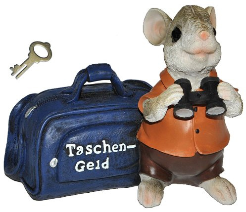 alles-meine.de GmbH Spardose Maus mit Tasche Taschengeld - mit Schlüssel - stabile Sparbüchse aus Kunstharz - Reisen Geld Sparschwein Reisekoffer Urlaubskasse Kofferkasse