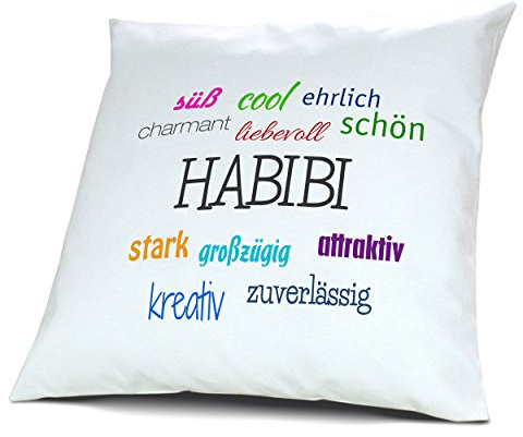 digital print Kopfkissen mit Namen Habibi - Motiv Positive Eigenschaften, 40 cm, 100% Baumwolle, Kuschelkissen, Liebeskissen, Namenskissen, Geschenkidee, Deko