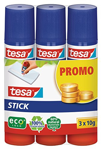 tesa Stick ecoLogo - Geruchsneutraler Klebestift für Papier und Pappe - Lösungsmittelfrei und Umweltschonend - 3 x 10 g